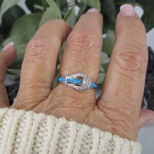 Opal BELT BUCKLE Ring>925 Blue Opal Ring,Opal and CZ Ring,Buckle Ring,Belt Ring